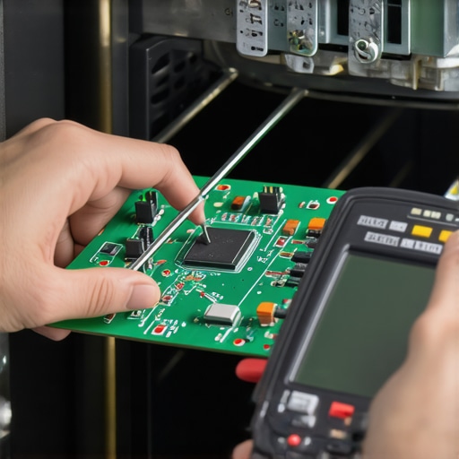 Technician testing an oven control board with a multimeter to diagnose electrical failure.