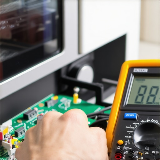 Technician using a multimeter to diagnose a faulty oven control board and heating element.