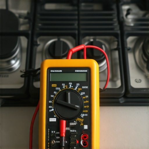 Technician using a multimeter to check the electrical continuity of an oven component.