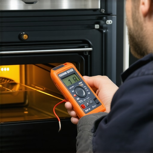 Technician measuring the amperage of a glowing oven igniter with a digital multimeter to diagnose heating issues.