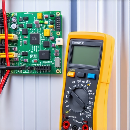 A professional technician using a multimeter to diagnose a circuit board issue in a refrigerator.