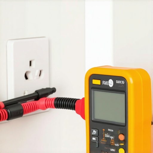 Technician using a multimeter to test voltage at a stove outlet