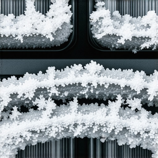 Close-up view of uneven frost on refrigerator coils indicating a diagnostic issue.