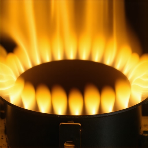 Close-up of a functioning bright yellow oven igniter next to a gas burner