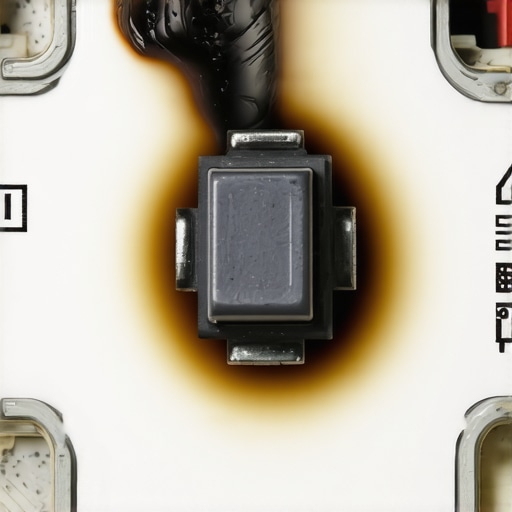 A detailed view of a scorched relay on an appliance circuit board caused by high heat failure.