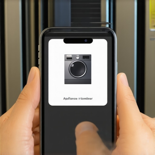 Smartphone taking a photo of a refrigerator model number sticker for warranty documentation.