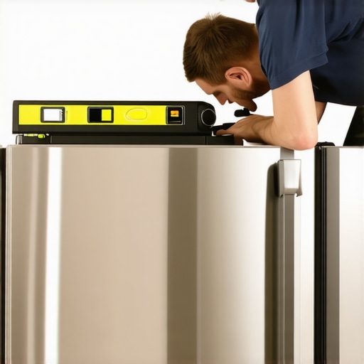 Technician using a spirit level on a refrigerator to prevent condensation issues.