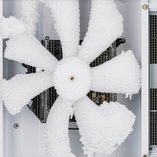 Close-up of a freezer evaporator fan and cooling coils showing frost.