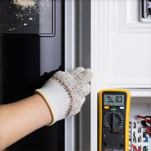A technician checking the heat and vibration of a refrigerator compressor behind the unit.