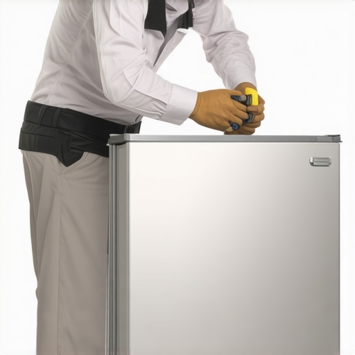 Checking the level of a new refrigerator Technician using a level tool on a refrigerator to prevent water leaks.