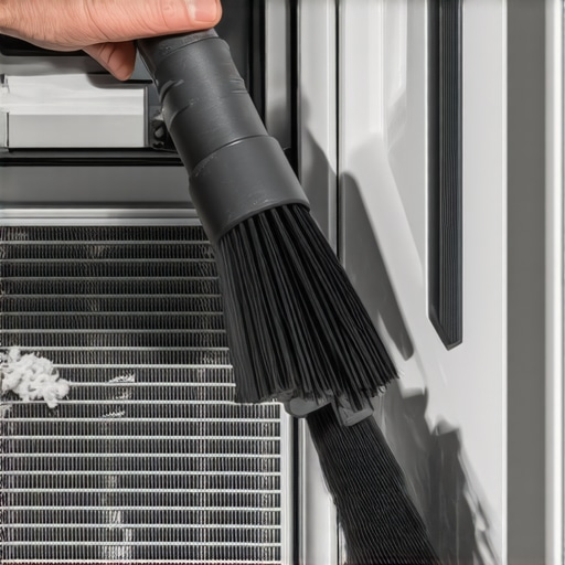 A homeowner cleaning dust from refrigerator coils to improve cooling efficiency.
