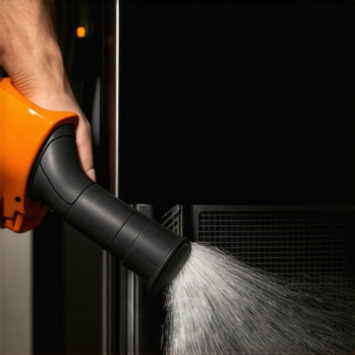 Person vacuuming dust from fridge coils to prevent motor failure