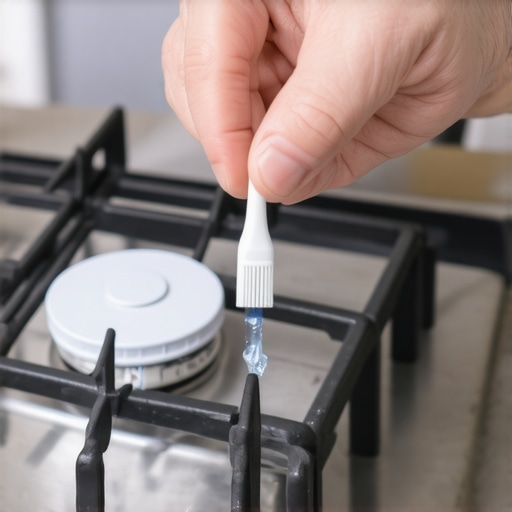 Close-up of a hand cleaning a white ceramic gas stove igniter to stop it from clicking.
