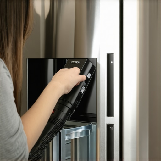 Homeowner vacuuming dust and pet hair from refrigerator coils to improve efficiency