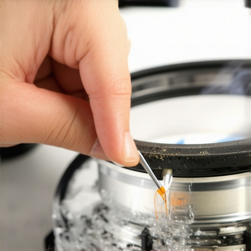 Cleaning gas burner ports with a needle A person cleaning small holes in a gas stove burner to fix a flickering flame.