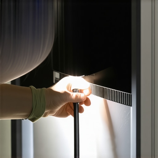 Hands using a flexible brush to clean dusty refrigerator coils through the front toe kick area