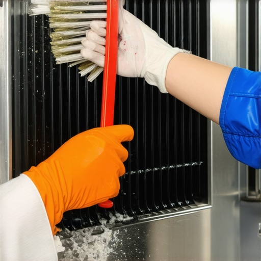 Close up of a person cleaning dusty refrigerator coils with a brush