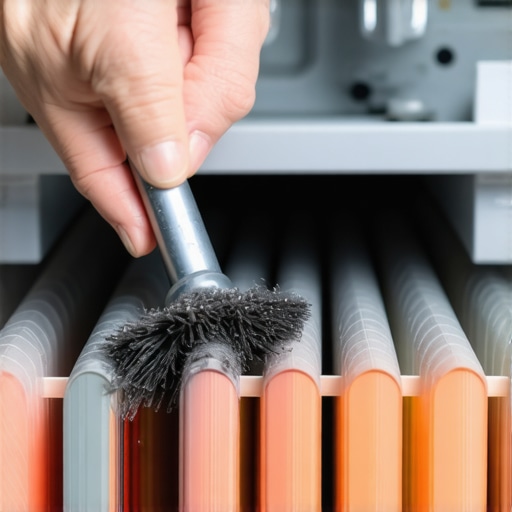 A close-up shot of a hand using a specialized brush to remove lint from fridge coils.
