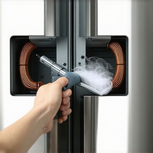 Cleaning refrigerator condenser coils with a vacuum Person cleaning dust from refrigerator coils to prevent compressor failure