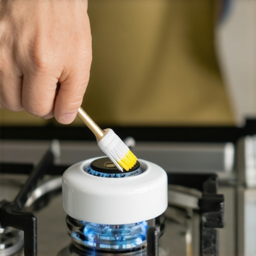 Close-up of a toothbrush cleaning a gas stove igniter to fix sparking issues.