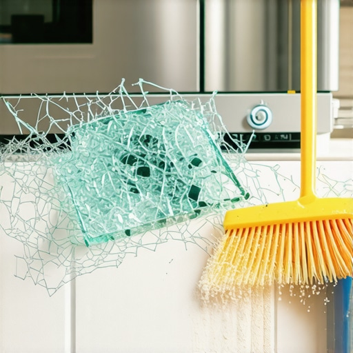 Close-up of crumbled tempered glass on floor from a broken oven door