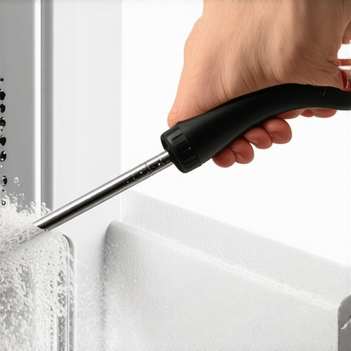 A hand using a turkey baster to pour hot water into a fridge defrost drain to fix a leak.