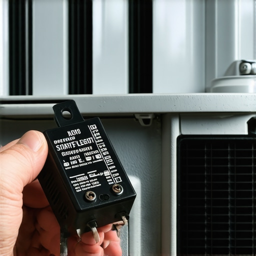 Comparing a refrigerator start relay to a compressor Technician holding a small refrigerator start relay part near the main compressor motor.