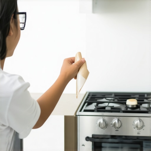 A homeowner using a cardboard tube to listen for a high-pitched noise coming from a modern oven range.
