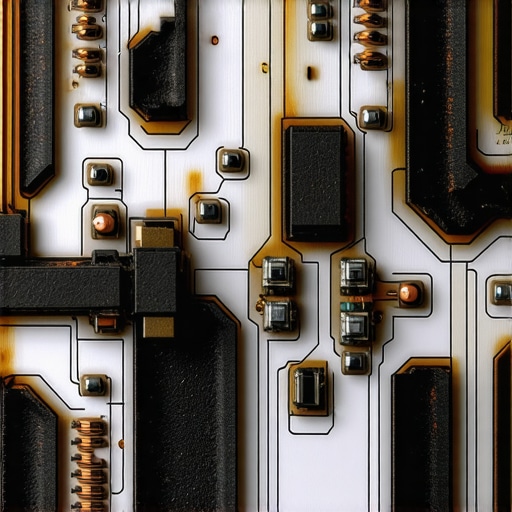 A charred and failed electronic control board from a kitchen oven caused by excessive heat stress.