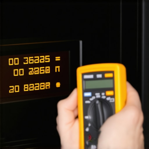Oven control board display showing an error code while being tested with a multimeter.