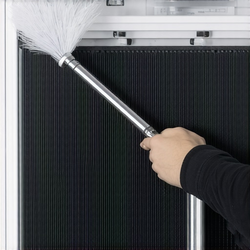 Deep cleaning built-in refrigerator condenser coils A person using a specialized brush to remove dust from refrigerator coils to prevent overheating.