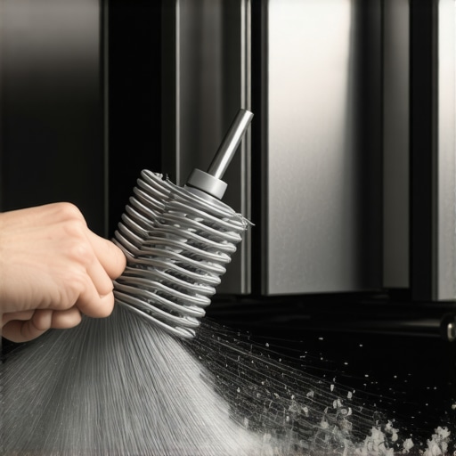 A person using a coil brush to remove dust from under a refrigerator to prevent compressor failure.