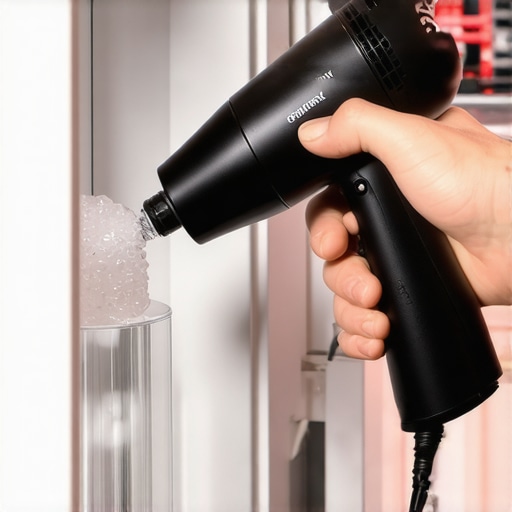A person using a hairdryer to melt an ice blockage in a refrigerator ice maker fill tube.
