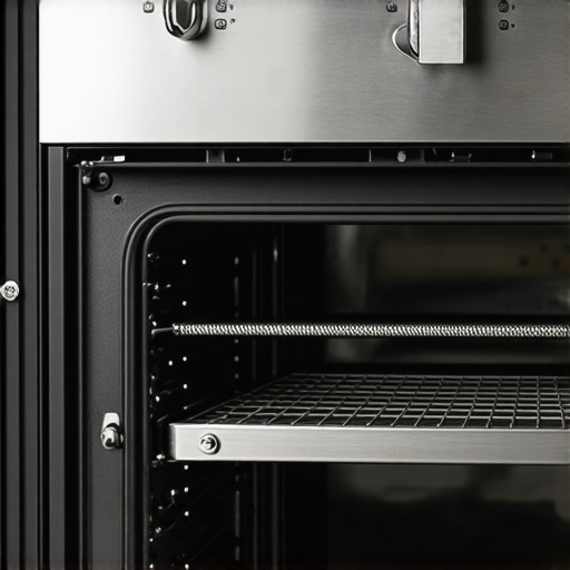 Close-up of a metal oven door spring and pulley system inside a partially disassembled range.