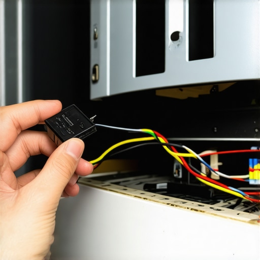 A hand holding a refrigerator start relay near the compressor for diagnostic testing.