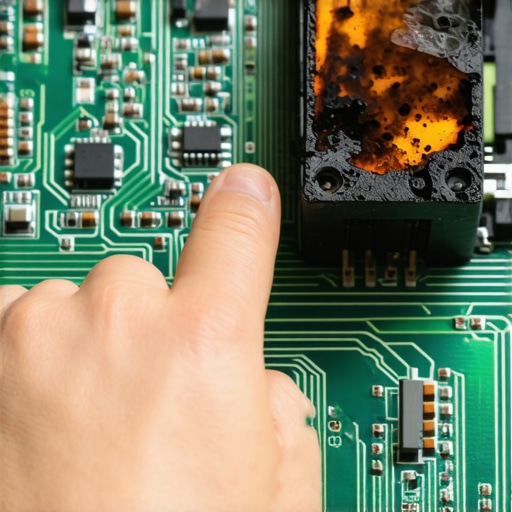 A close-up of a damaged relay on an appliance control board showing burn marks and soot