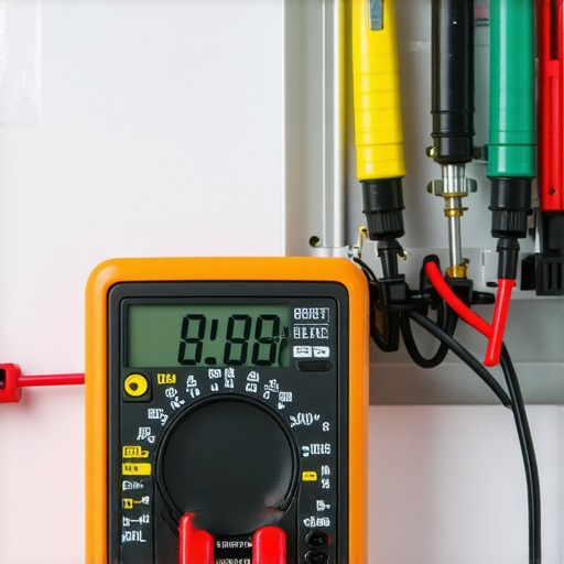 Close-up of a multimeter testing an oven sensor probe for electrical resistance.