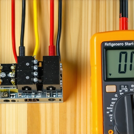 Digital Multimeter Diagnostic Test for Fridge Relay Professional digital multimeter measuring resistance on a refrigerator start relay component.