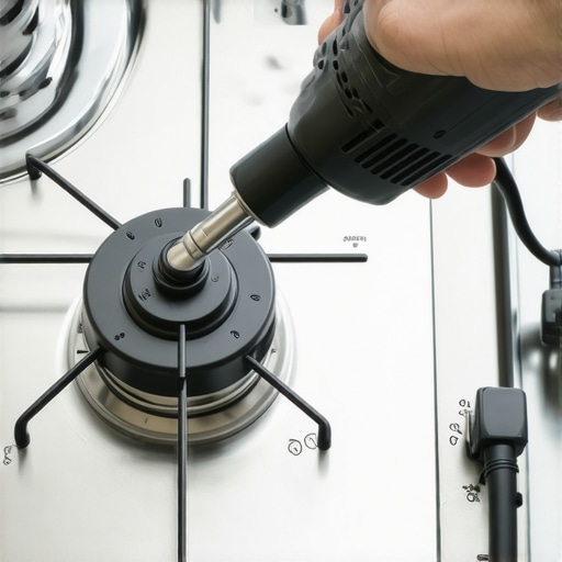 A DIY repair enthusiast drying the electrical components of a gas stove to stop igniter clicking.
