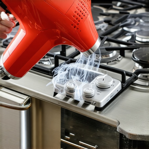 Close-up of using a hairdryer to dry moisture from a clicking gas range burner and knobs.