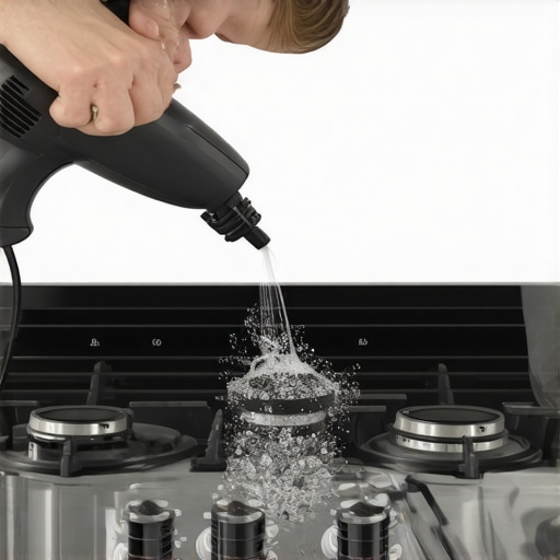 A homeowner using a hairdryer on a stove to stop clicking sounds caused by moisture