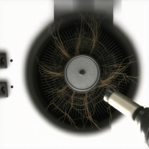 Dust and Hair Trapped in Oven Convection Fan Inspection of a dirty oven convection fan showing hair accumulation that causes burning smells.