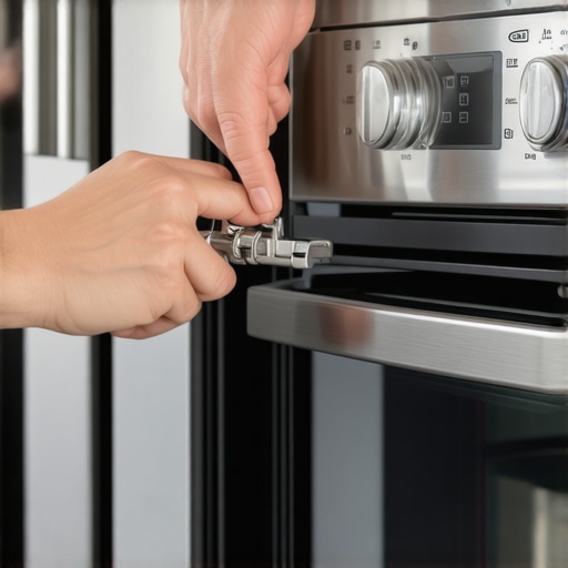 Close-up of a metal oven hinge locking tab being flipped into position for safe door removal.