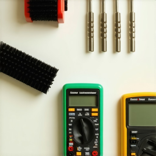 Close up of a digital multimeter and cleaning tools used for refrigerator maintenance.