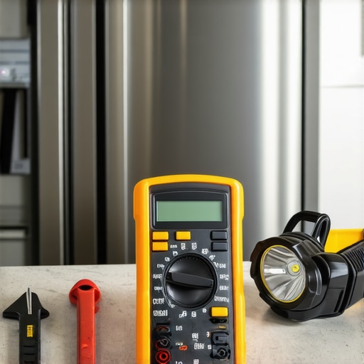 Essential Appliance Repair Toolkit Digital multimeter and tools used for refrigerator and oven diagnostics on a kitchen counter.