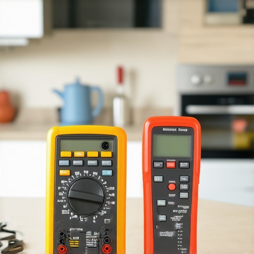 Close up of a digital multimeter and infrared thermometer for kitchen appliance repair