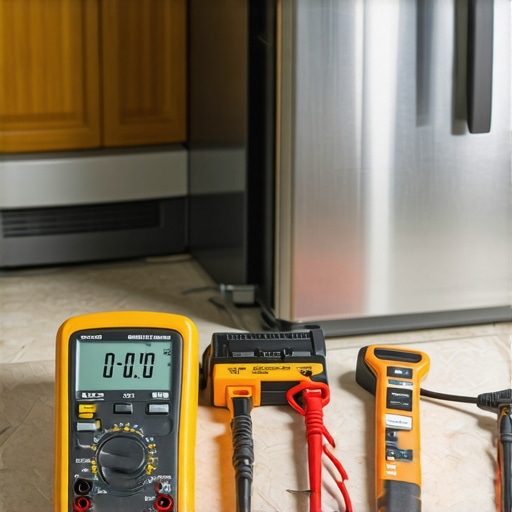 A digital multimeter and infrared thermometer used for refrigerator and oven diagnostics.