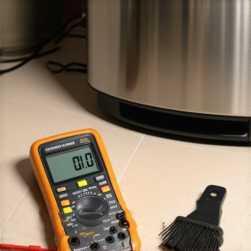 A digital multimeter and coil brush used for refrigerator and oven maintenance diagnostics.