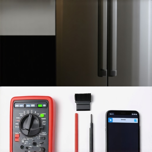 A collection of diagnostic tools including a multimeter and coil brush for refrigerator maintenance.