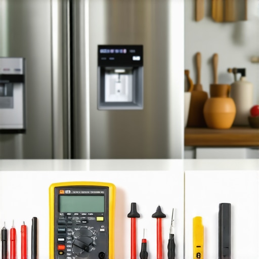 Essential DIY Appliance Repair Toolkit A multimeter and tools prepared for refrigerator and oven diagnostics on a kitchen counter.